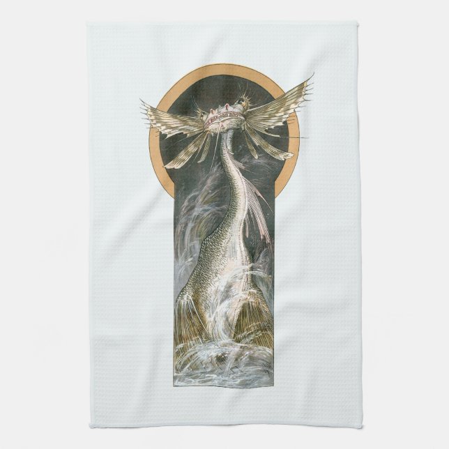 Vintage Mythologie, ein geflügelter Drache im Ozea Geschirrtuch (Vertikal)