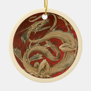 Vintage Mythologie, Goldener asiatischer Drache Keramik Ornament