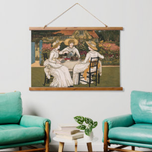 Vintage-Nachmittags-Teeparty von Kate Greenaway Wandteppich Mit Holzrahmen