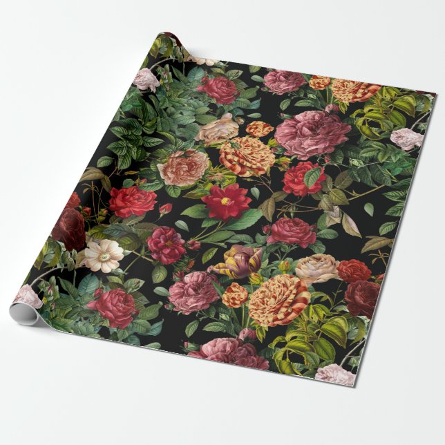 Vintage nächtliche Blumenmuster Geschenkpapier (Ungerollt)