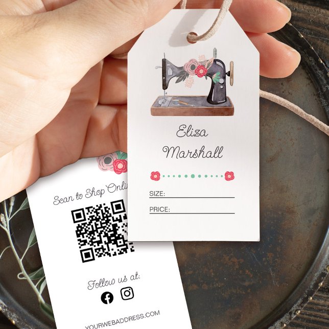 Vintage Nähmaschine Blumengröße Preis Hängelchen Geschenkanhänger (Price tags with qr code social media and vintage sewing machine)