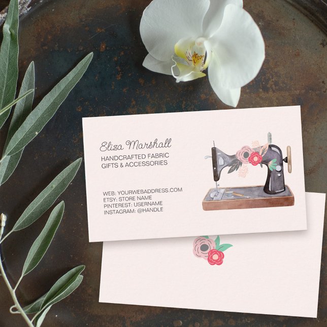 Vintage Nähmaschine Boho Blues Visitenkarte (Sewing business card with feminine vintage sewing machine)