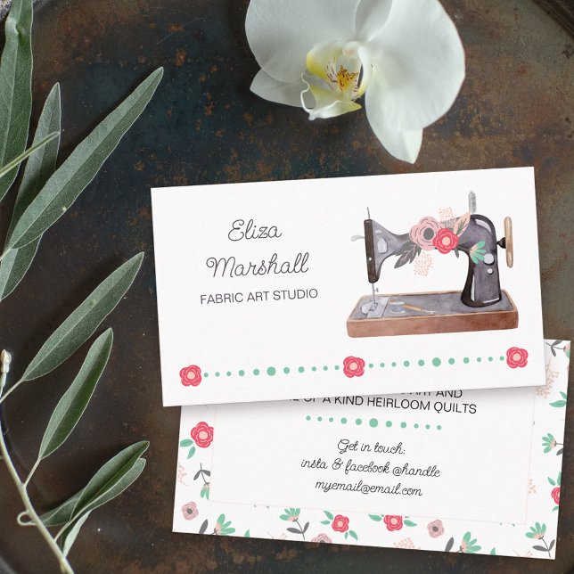 Vintage Nähmaschine Boho Floral Visitenkarte (Sewing themed business card with feminine vintage sewing machine)
