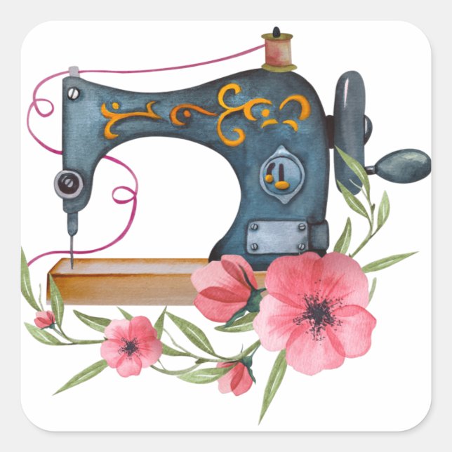 Vintage Nähmaschine mit rosa Blume Quadratischer Aufkleber (Vorderseite)