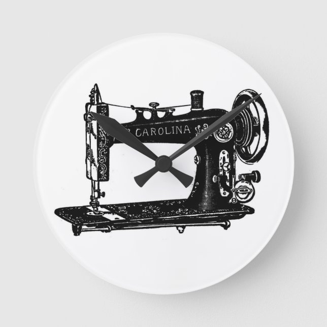 Vintage Nähmaschine Schwarzweiß Runde Wanduhr (Vorderseite)