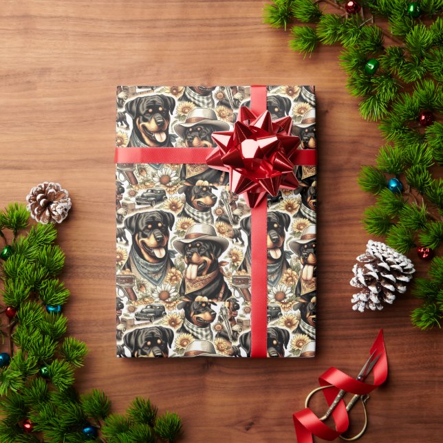 Vintage Nahtlose Rottweiler-Illustration Geschenkpapier (Feiertagsgeschenk)