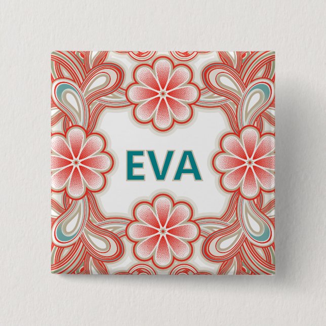 Vintage name button with red flowers (Vorderseite)