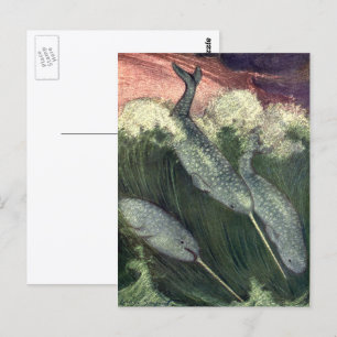 Vintage Narwhals Whales, Marine Life Ocean Animals Postkarte