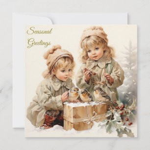 Vintage Natur Weihnachten Kinder mit Vögeln