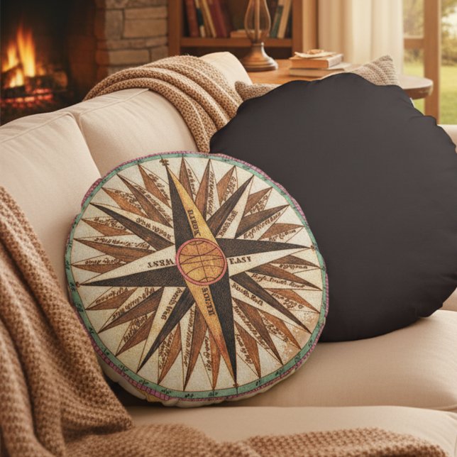 Vintage Nautic Compass Rose Cotton Pillow Rundes Kissen (Vintage nautical art accent pillow.)