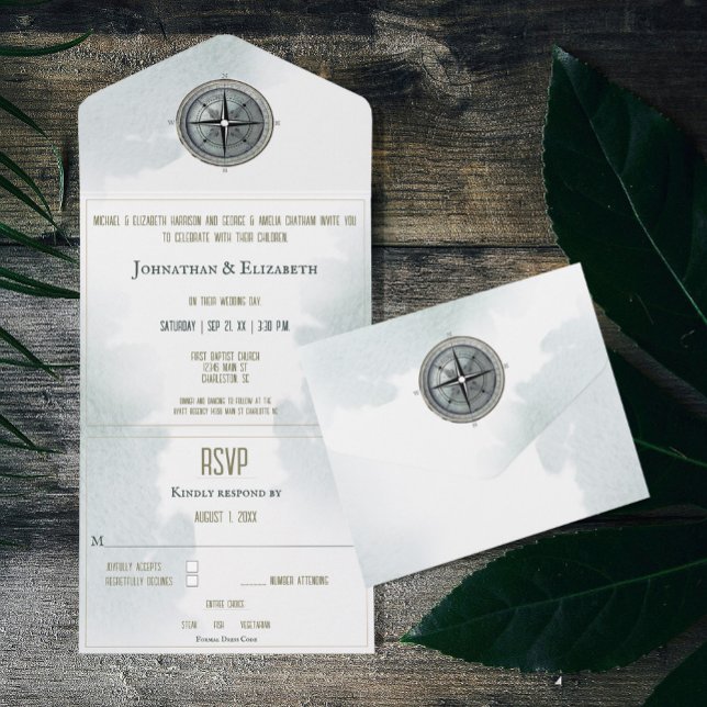 Vintage Nautical Compass-Hochzeit All In One Einladung (Vintage Nautical Compass All in One Wedding Invitation)