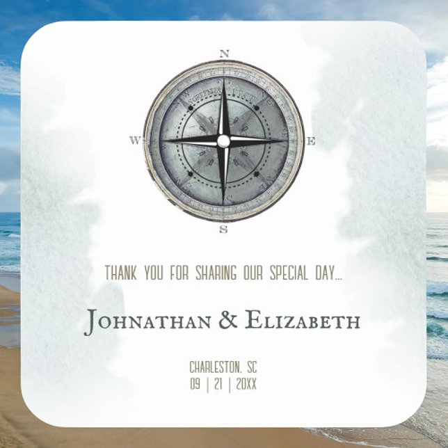 Vintage Nautical Compass-Hochzeit Quadratischer Aufkleber (Vintage Nautical Compass Wedding Favor Square Sticker)
