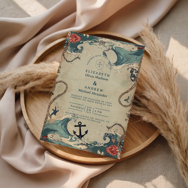 Vintage Nautical Waves & Rope Wedding Einladung (Von Creator hochgeladen)