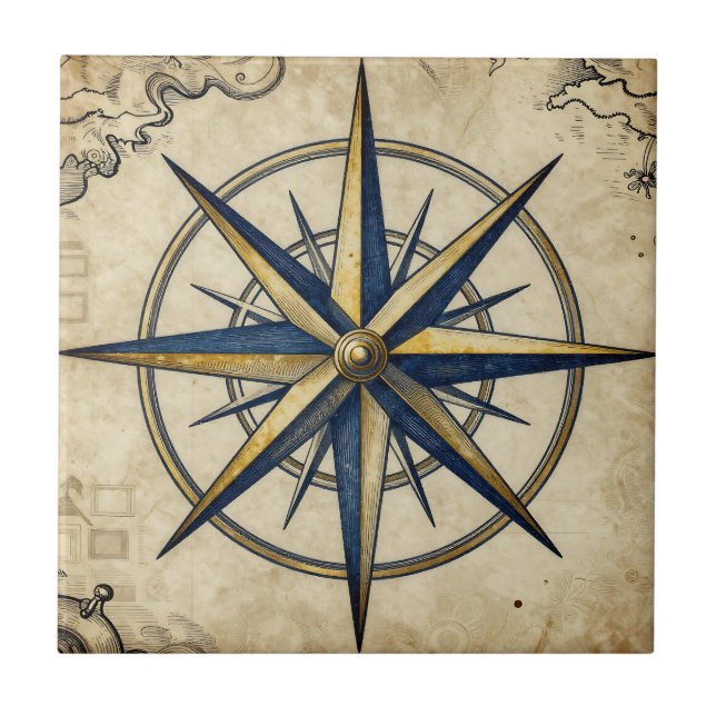 Vintage nautische Kompassrose Fliese (Vorderseite)