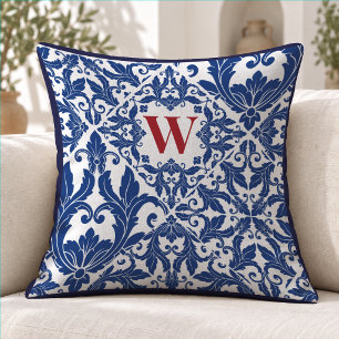 Vintage Navy Blau Damast Monogramm Kissen