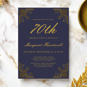 Vintage Navy Blau Gold 70. Geburtstag Einladung