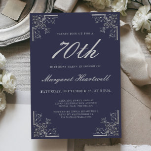 Vintage Navy Blau Silber 70. Geburtstag Einladung