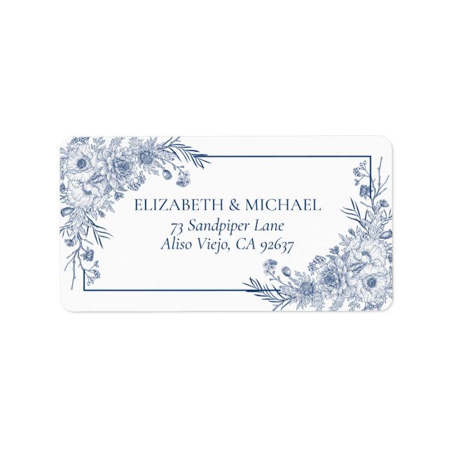 Vintage Navy Blue Floral Line Rücksendeadresse Adressaufkleber (Vorne)