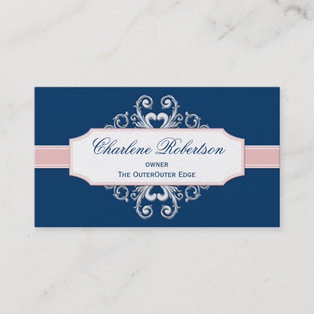 Vintage Navy Blue und Blush Pink Wirbel Visitenkarte (Vorderseite)
