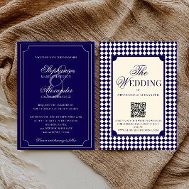 Vintage Navy Checkered Old Money QR Code Wedding Einladung