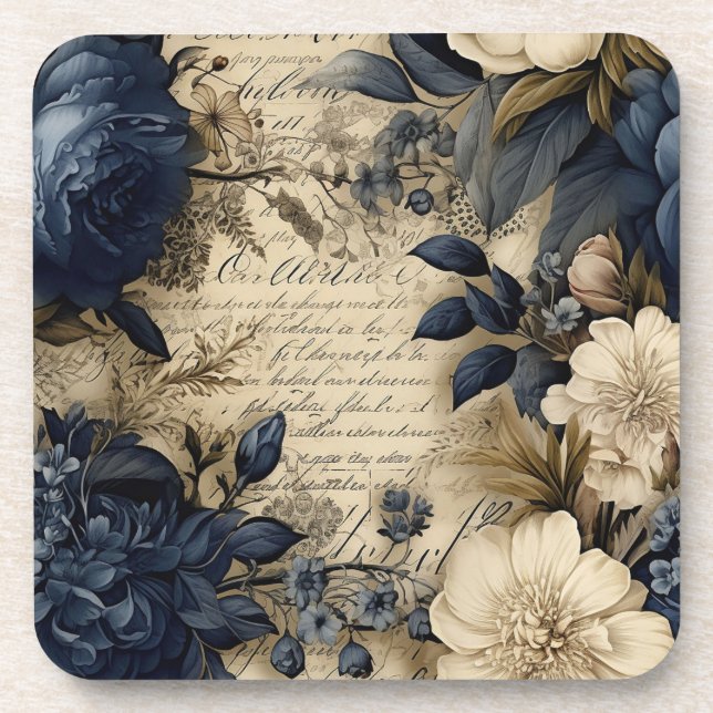 Vintage Navy & Ivory Blume Hochzeit Untersetzer (Vorderseite)