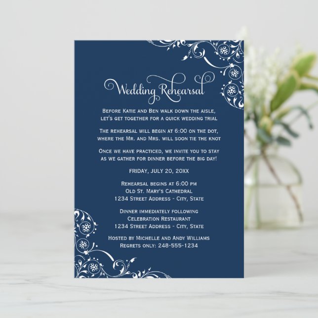 Vintage Navy-Rolls Hochzeit und Abendessen Probe Einladung (Stehend Vorderseite)