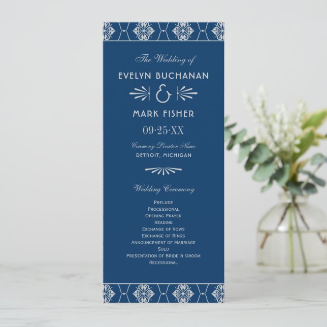 Vintage Navy Silber Art Deco Hochzeit Programm (Stehend Vorderseite)