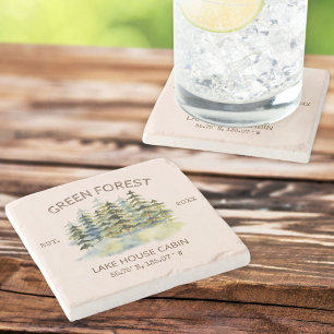 Vintage nebliger grüner Wald Wasserfarbe-Cabin Lod Steinuntersetzer