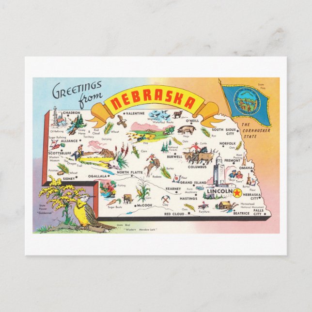 Vintage Nebraska Karte Reiseplan Postkarte (Vorderseite)