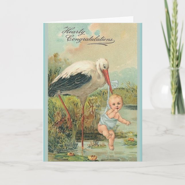 Vintage neue Baby- und Storchenkarte Karte (Vorderseite)