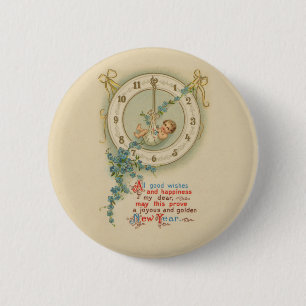 Vintage Neujahrs Baby Uhr Button
