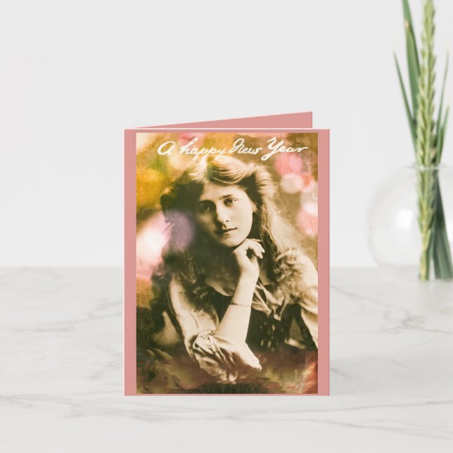 Vintage Neujahrsfrau in Rosa Karte (Vorderseite)