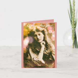 Vintage Neujahrsfrau in Rosa Karte