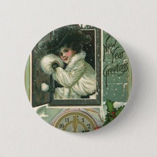 Vintage Neujahrsgrüße, Viktorianische Fenstermädch Button