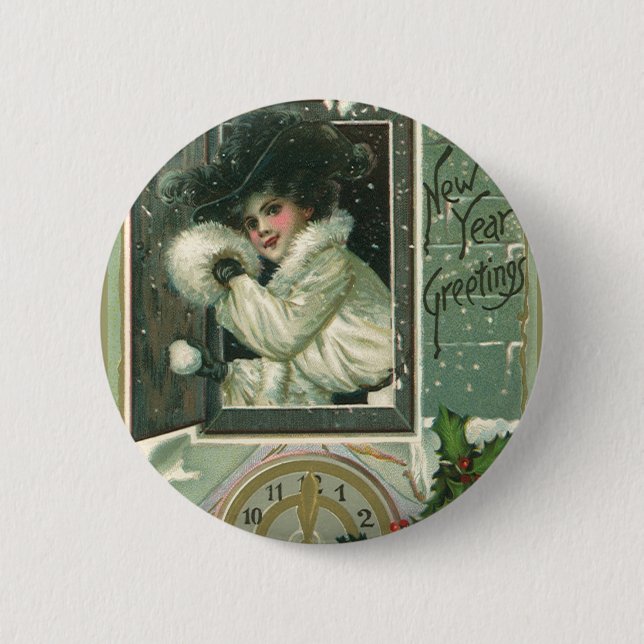 Vintage Neujahrsgrüße, Viktorianische Fenstermädch Button (Vorderseite)