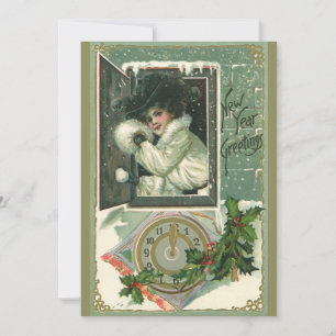 Vintage Neujahrsgrüße, viktorianisches Mädchen am  Einladung