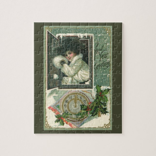 Vintage Neujahrsgrüße, Viktorianisches Mädchenfens (Vertikal)