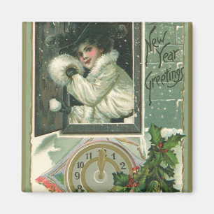 Vintage Neujahrsgrüße, Viktorianisches Mädchenfens Magnet