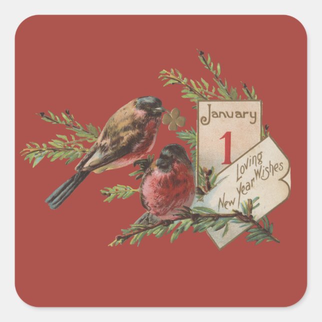 Vintage Neujahrsvögel Quadratischer Aufkleber (Vorderseite)