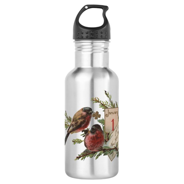 Vintage Neujahrsvögel Trinkflasche (Vorderseite)