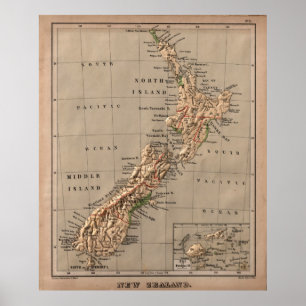 Vintage neuseeländische Landkarte (1880) Poster