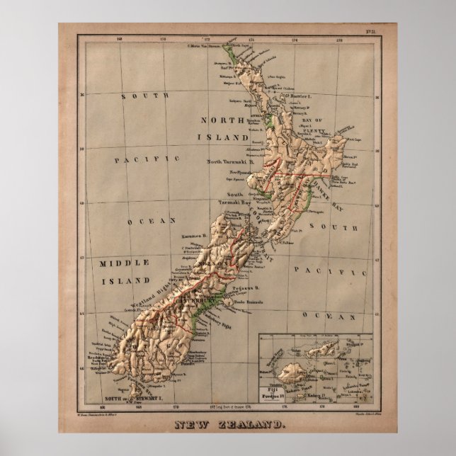 Vintage neuseeländische Landkarte (1880) Poster (Vorne)