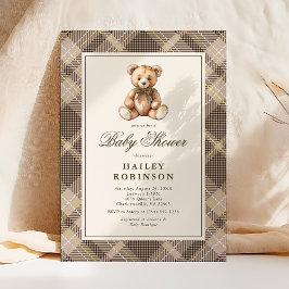 Vintage Neutral Plaid Teddy Bear Baby Shower Einladung
