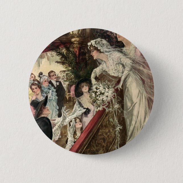 Vintage Newlyweds, Viktorianische Bride Tossing Bo Button (Vorderseite)