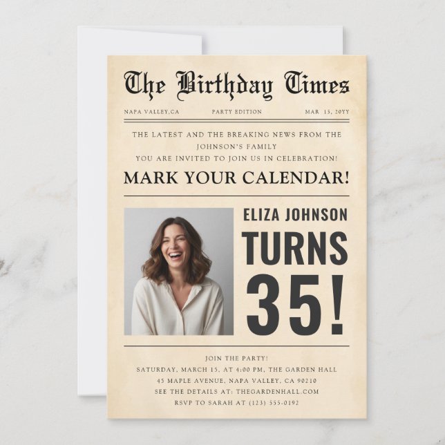 Vintage Newspaper Fun Photo 35th Birthday Party Einladung (Vorderseite)