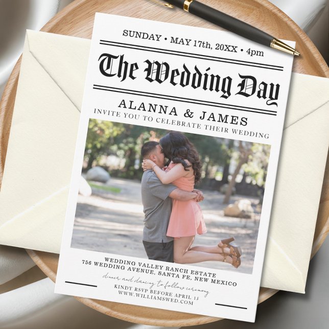 Vintage Newspaper Headline Black and White Wedding Einladung (Modern newspaper-style wedding invitation featuring bold typography and a romantic couple photo.)