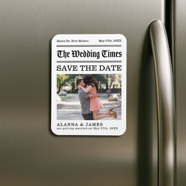 Vintage Newspaper Photo Save the Date Magnet (“The Wedding Times” newspaper-style Save the Date magnet featuring a romantic engagement photo.)