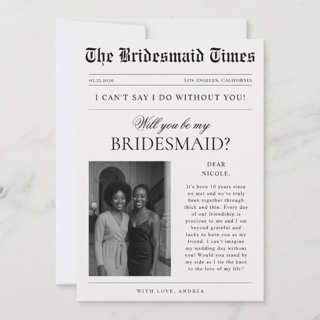 Vintage Newspaper Style Photo Bridesmaid Proposal Einladung (Vorderseite)