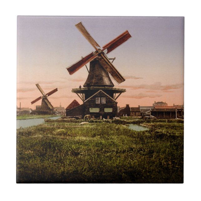 Vintage niederländische Windmühlen-Keramikfliesen Fliese (Vorderseite)