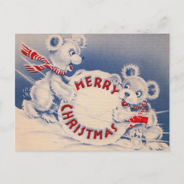 Vintage Niedliche Bären Snowball Frohe Weihnachten (Vorderseite)